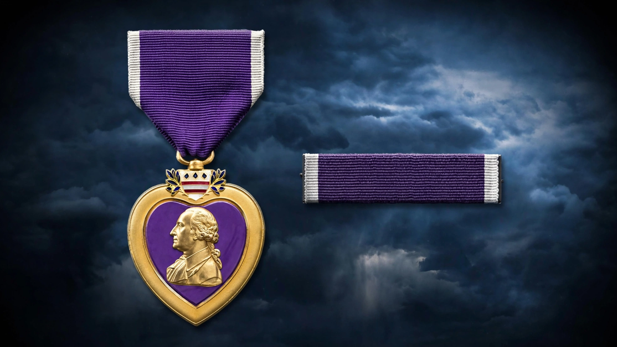 Purple Heart medal and ribbon against a dark sky.
